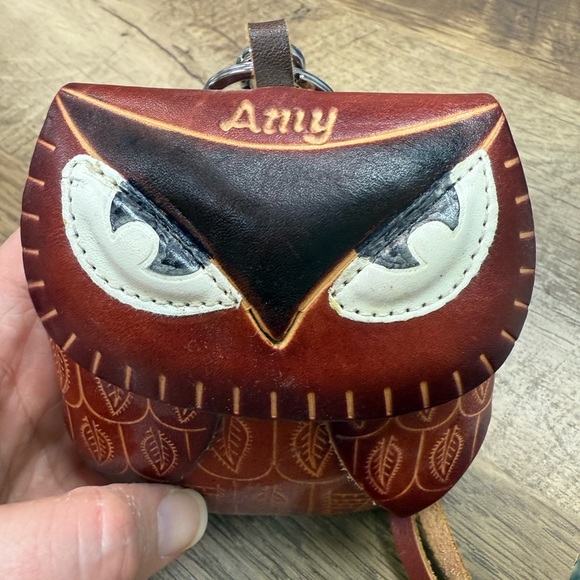 Handmade Embossed name AMY Genuine Leather Owl Coin Purse with Wrist Strap - Picture 2 of 6